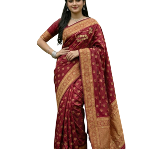 Women’s Maroon Banarasi Style Woven Saree with Golden Zari Border