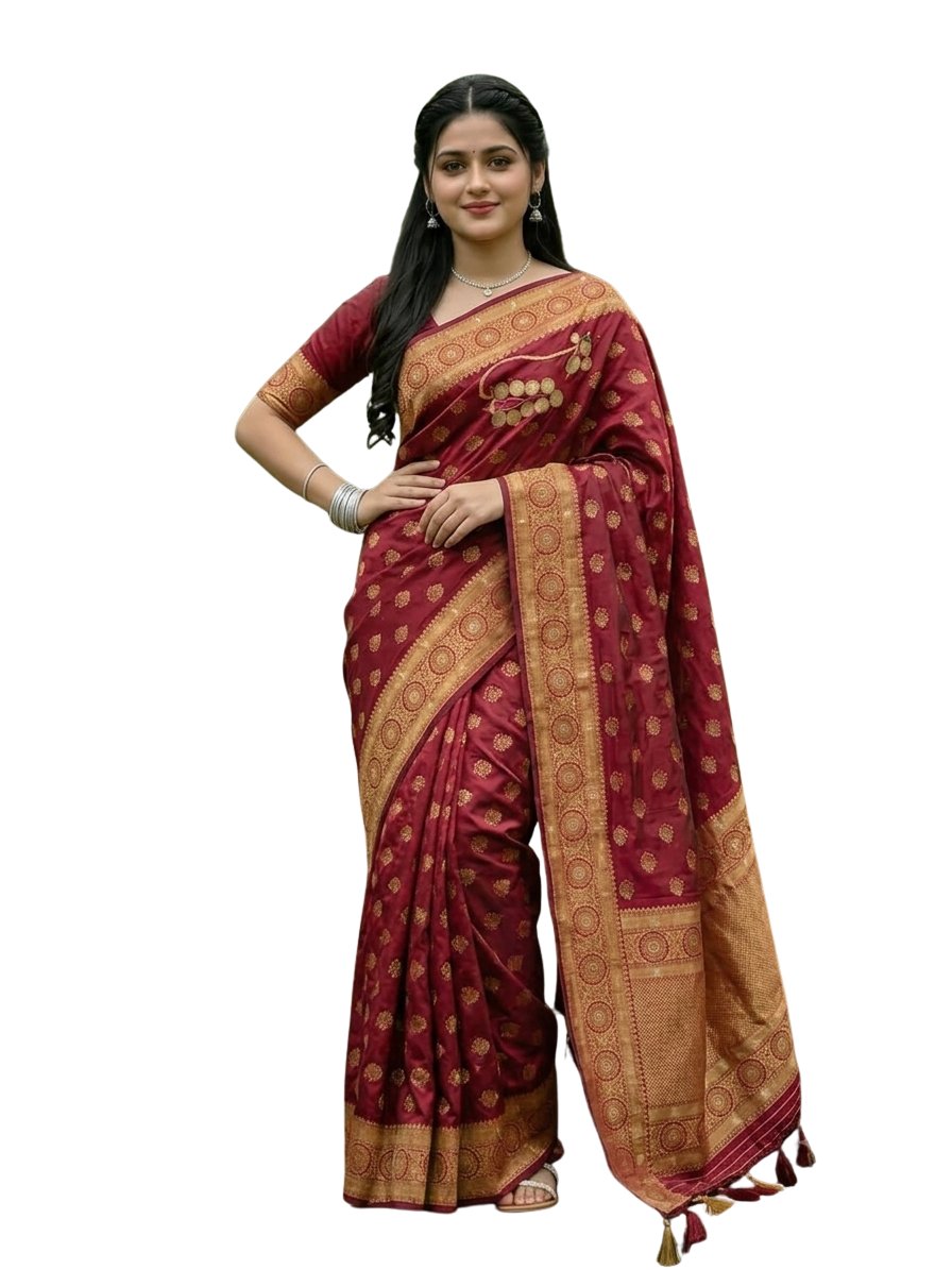 Women’s Maroon Banarasi Style Woven Saree with Golden Zari Border