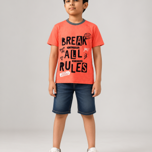 Boys Cotton Blend Printed Round Neck Half Sleeve T-Shirt – Coral Orange