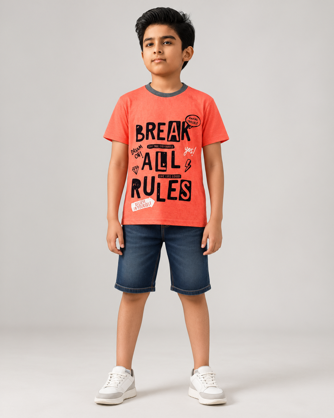 Boys Cotton Blend Printed Round Neck Half Sleeve T-Shirt – Coral Orange