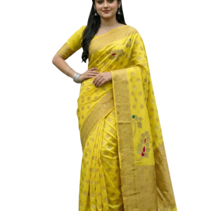 Women’s Yellow Traditional Woven Saree with Golden Border & Designer Pallu