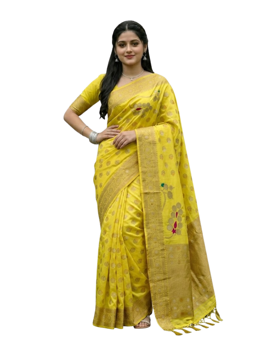 Women’s Yellow Traditional Woven Saree with Golden Border & Designer Pallu