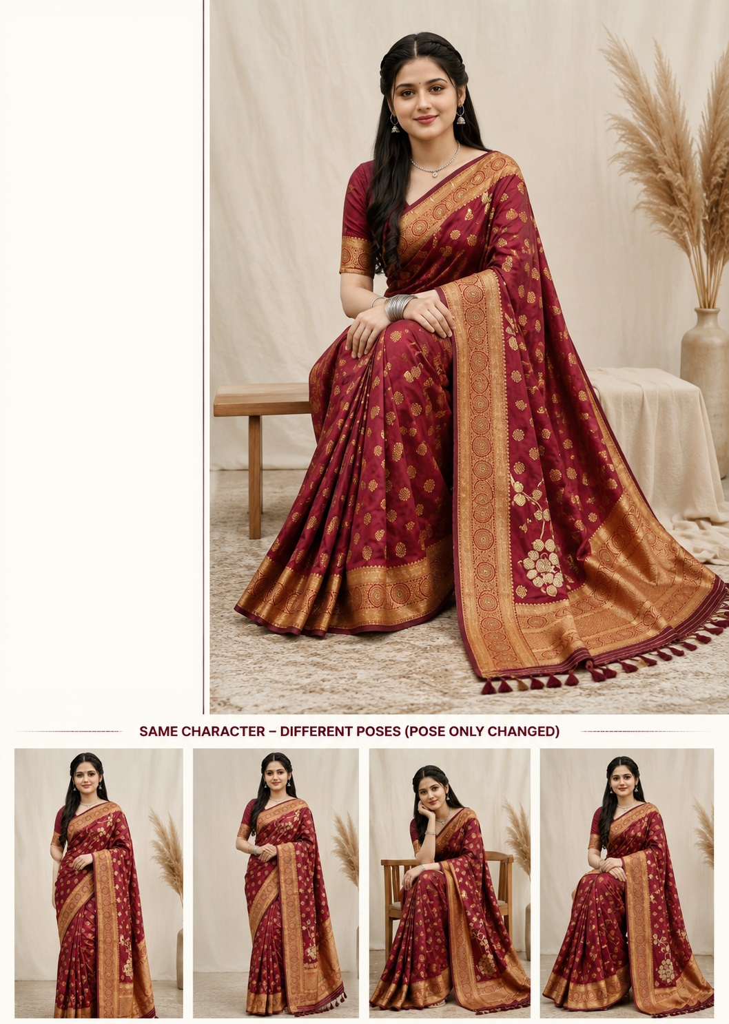 Women’s Maroon Banarasi Style Woven Saree with Golden Zari Border - Image 2