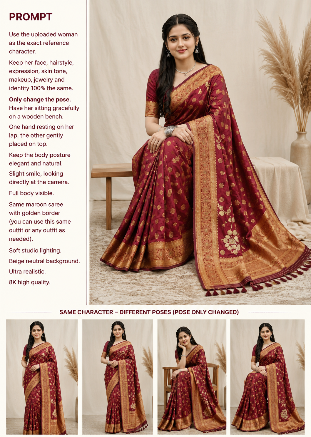 Women’s Maroon Banarasi Style Woven Saree with Golden Zari Border - Image 4