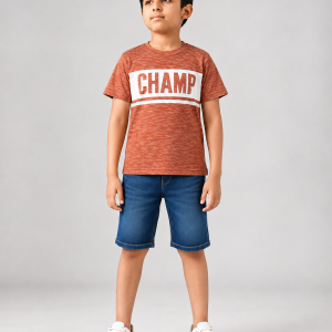 Boys Printed Round Neck Half Sleeve T-Shirt | Rust Orange Casual Cotton Look Top for Kids | Stylish Summer Wear