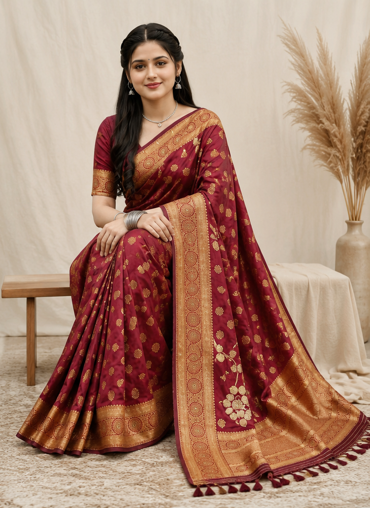Women’s Maroon Banarasi Style Woven Saree with Golden Zari Border - Image 3